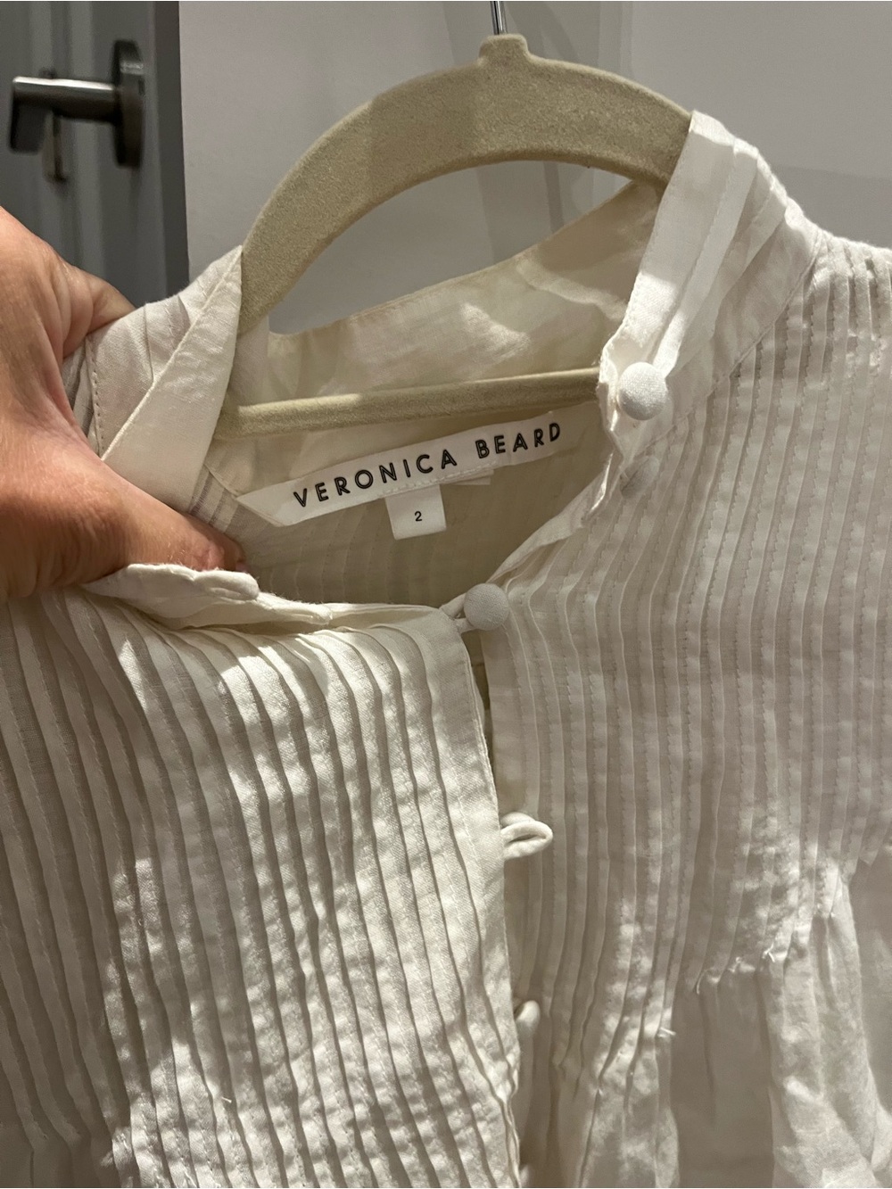Veronica Beard Amandine White Embroidered Pintuck Button-Front Blouse - Picture 3 of 9